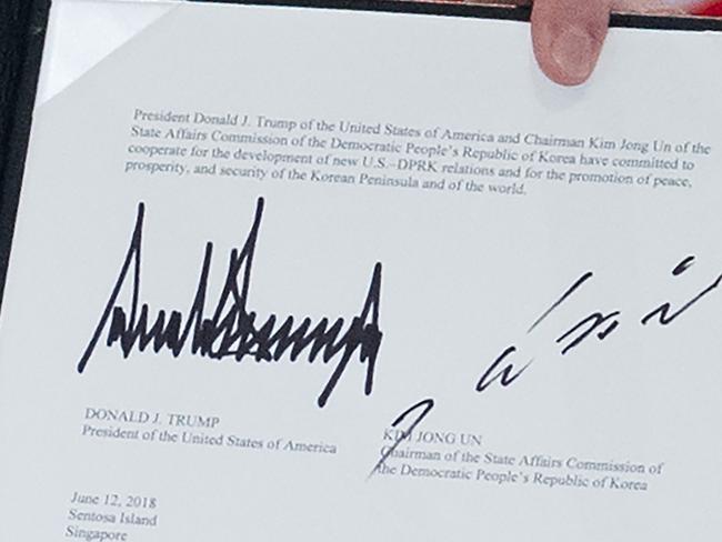 The signatures on the agreement Mr Trump hopes will lead to the complete denuclearisation of the Korean Peninsula.