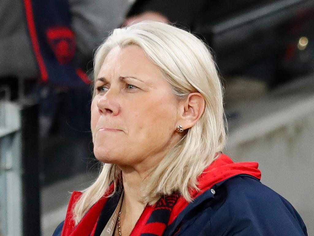 MELBOURNE, AUSTRALIA - SEPTEMBER 09: Gary Pert and Kate Roffey look dejected after a loss during the 2022 AFL Second Semi Final match between the Melbourne Demons and the Brisbane Lions at the Melbourne Cricket Ground on September 9, 2022 in Melbourne, Australia. (Photo by Michael Willson/AFL Photos via Getty Images)