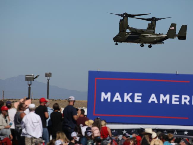 Donald Trump made an entrance, flying in on the Marine One helicopter. Picture: Getty Images/AFP