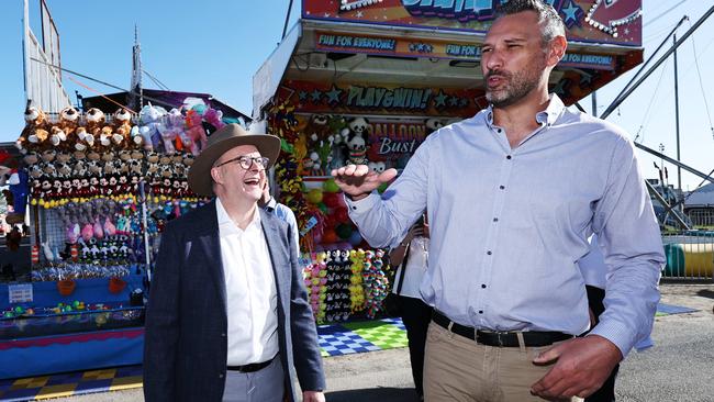 Labor candidate for Leichhardt Matt Smith with Prime Minister Anthony Albanese on the final day of the Cairns Show. Labor has pledged $50m worth of funding to Far North housing and community infrastructure projects. Picture: Brendan Radke