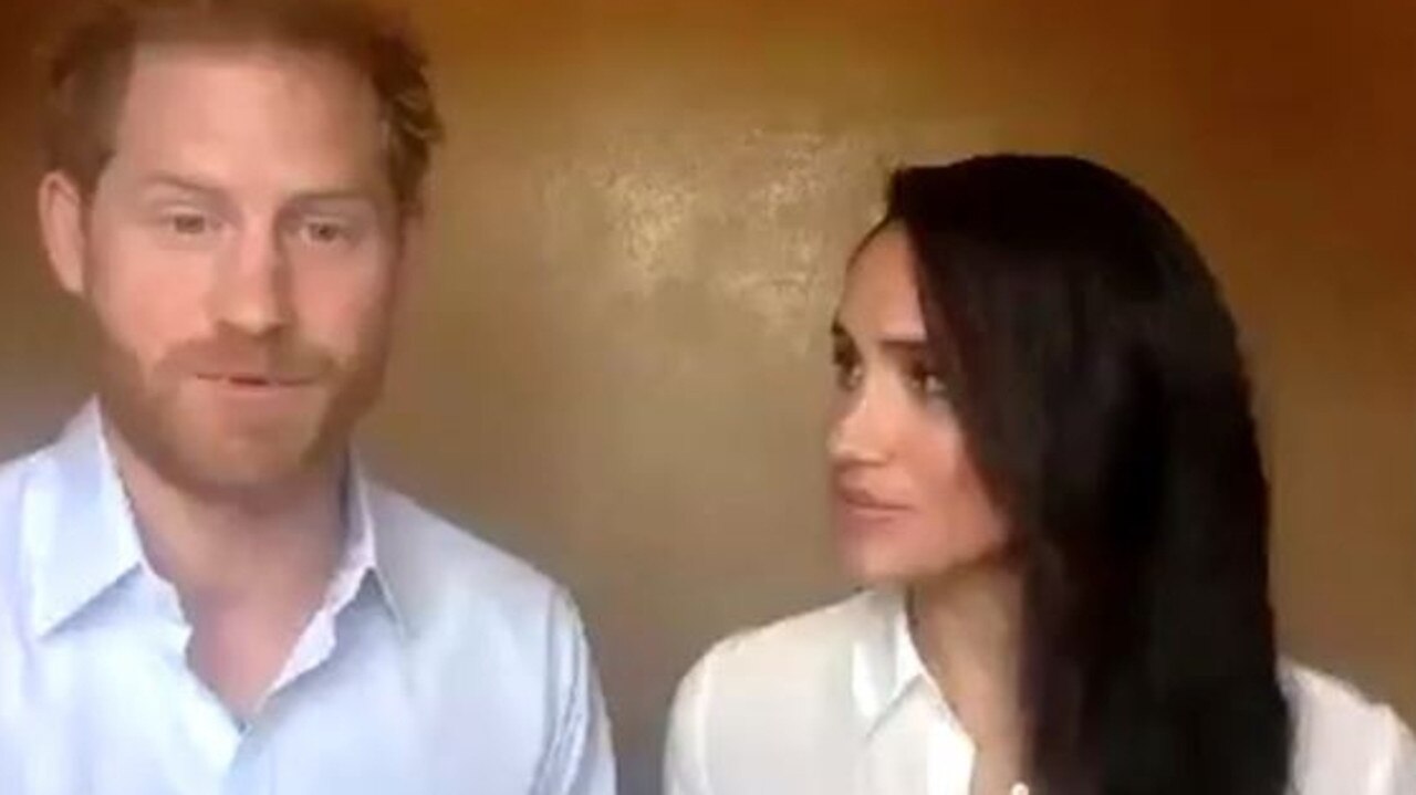 Prince Harry and Meghan Markle on Zoom call with young leaders in July. Picture: Queen’s Commonwealth Trust