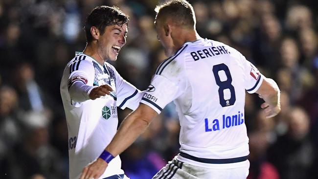 Marco Rojas of the Victory is congratulated by Besart Berisha after scoring a goal.