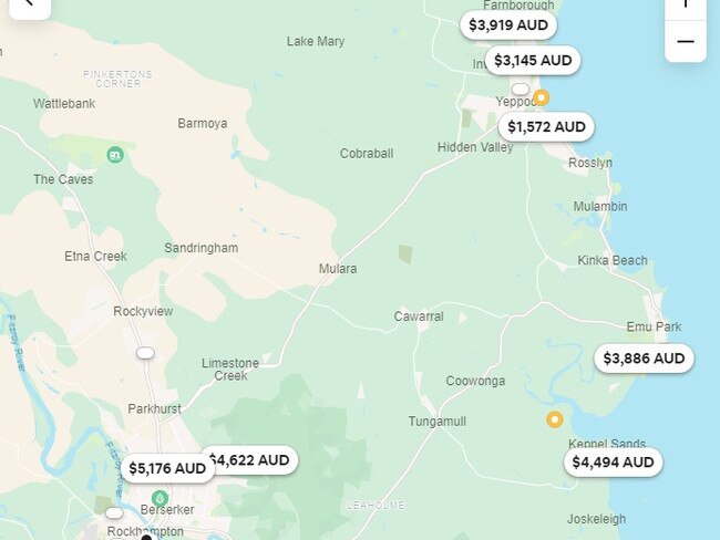 A map of just some of the Airbnb listings in the Rockhampton region during the week of Beef Australia.