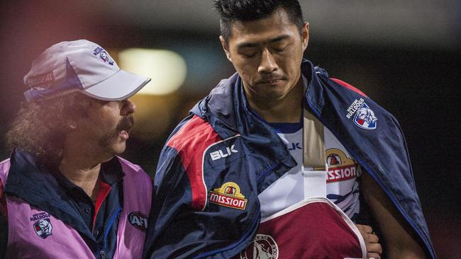 Lin Jong’s night ended in the second quarter when he was slammed into the ground in a tackle and injured his collarbone.