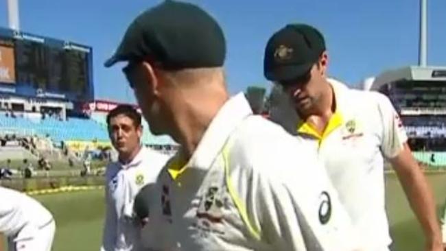 David Warner sledges Quentin de Kock as they leave the field before their tunnel fracas.