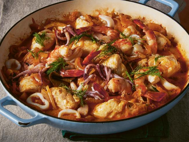 EMBARGO FOR TWAM 25 MAY 2024. FEES MAY APPLY. Zarzuela (fennel and fish stew) p120. Image from Seasoning by Angela Clutton, photography by Patricia Niven. Murdoch Books RRP $55.00.