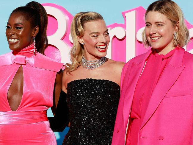 Issa Rae, Margot Robbie and director Greta Gerwig at the world premiere of Barbie at the Shrine Auditorium in Los Angeles. Picture: Michael Tran / AFP