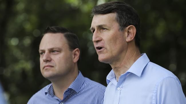 Former Lord Mayor Graham Quirk (R) with then Deputy Mayor Adrian Schrinner. Picture: Mark Cranitch.