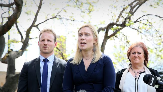 Kristie Johnston, centre, with Matt Stevenson, left, and Jan Dunsby speaking to the media on Gutwein's decision to introduce legislation to sack the council. Picture: SAM ROSEWARNE