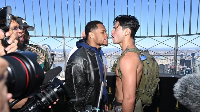Devin Haney and Ryan Garcia face off on top of New York’s Empire State Building. (Photo by Roy Rochlin/Getty Images for Empire State Realty Trust)