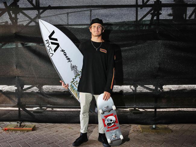 Kalani David is a crossover surfer and skateboarder competing in both during the Australian Open of Surf, Manly. Picture: Braden Fastier