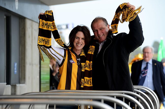 Ian and Marianne Simpkin, parents of Hawthorn's Johnathon Simpkin about to enter the MCG to watch their son play in the Grand Final. Picture: Jake Nowakowski