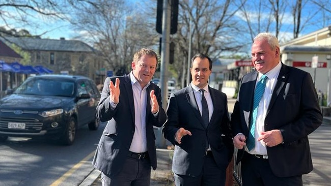 Member for Heysen Josh Teague, Shadow Minister for Infrastructure and Transport Vincent Tarzia and Shadow Minister for Regional Roads Adrian Pederick inspect the Hahndorf main street.