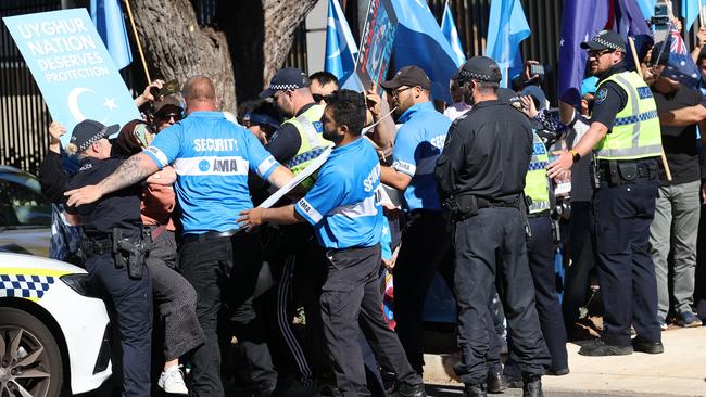 Protesters outside the South Australian Chinese consulate in Adelaide. Picture: NCA NewsWire / David Mariuz