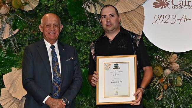 Mayor Bob Manning with James Kerr, recipient of the 2023 Cultural award. Picture Emily Barker.