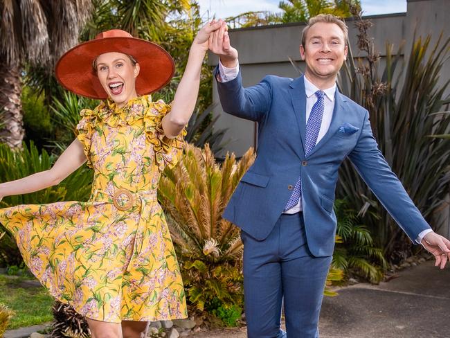 Flemington ambassador Crystal Kimber, 32 to launch the VRC's Fashions on Your Front Lawn with partner who has also competed in Fashions on the Field Andy Peters, 33 at their home on the peninsula. Picture: Jason Edwards