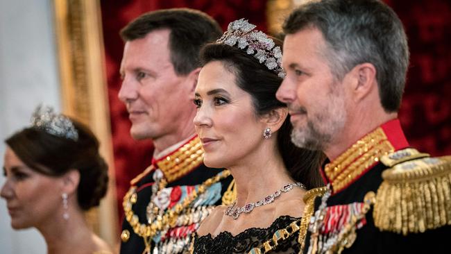 Danish Crown Princess Mary and Crown Prince Frederik at the gala banquet to mark the 50th anniversary of Danish Queen Margrethe II's accession to the throne. Picture: AFP