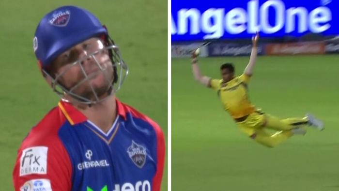 David Warner couldn't believe he was dismissed by a stunning catch. Picture: Supplied