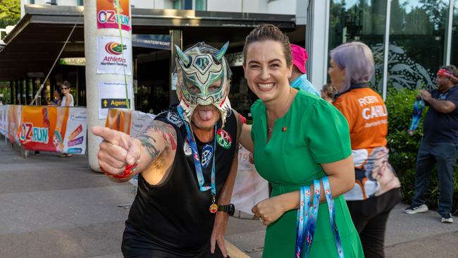 Lia Finocchiaro pictured with the masked figure El Libo Mojado. Picture: Pema Tamang Pakhrin