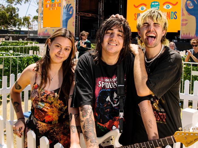 Band Manager Rachel Whitford and musicians Aston Valladares and Dan Steinert who play in the band Towns inside of a socially distanced ÃpodÃ at the Summer Sounds festival which will be happening in Bonython Park over summer in Adelaide, Thursday, January 7, 2020. (The Advertiser/ Morgan Sette)