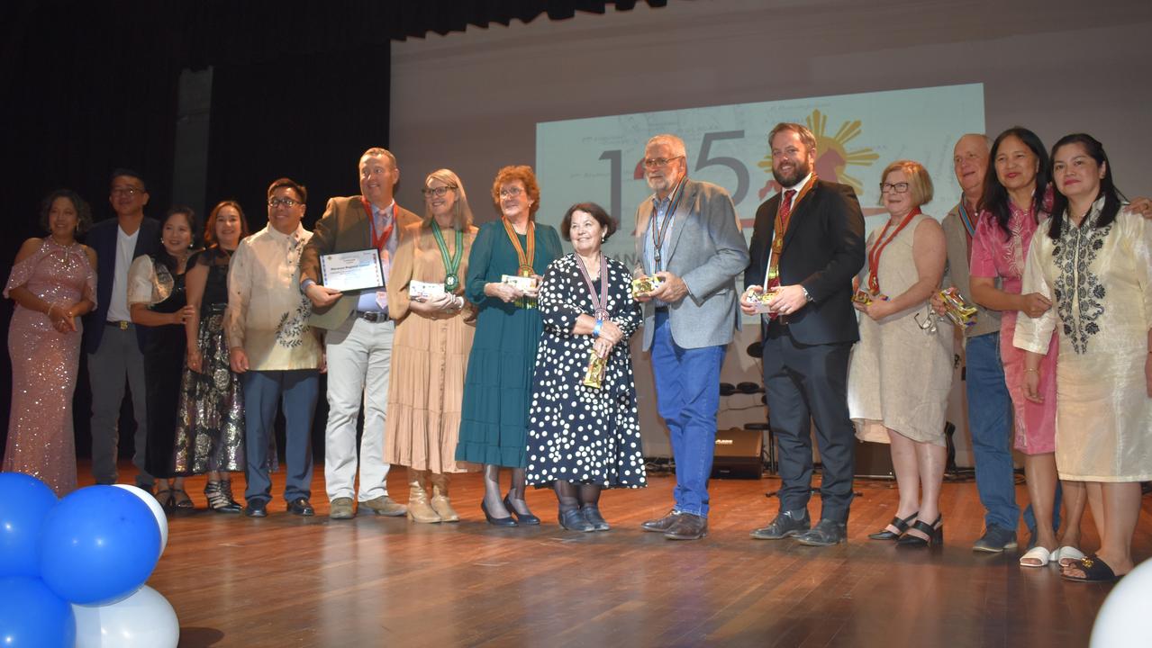 Roma Filipino Community Officers and Maranoa Regional Councillors on stage together at the Filipino Gala Night on Saturday June 24, 2023. Picture: Chloe Cufflin.