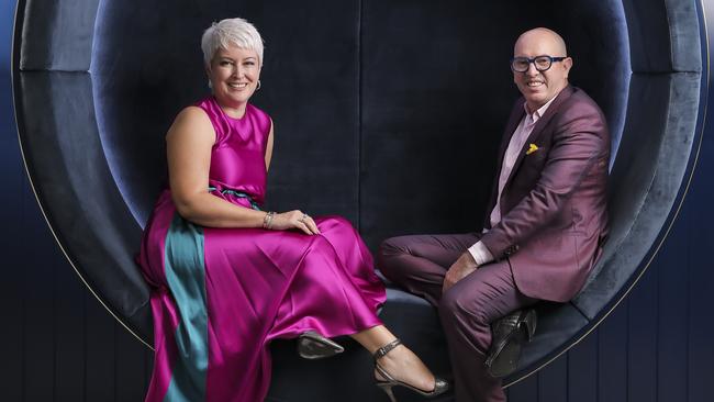 Stuart Giles with wife and business partner Cathie Reid, who is also a director at the Brisbane Lions. Picture: Mark Cranitch.