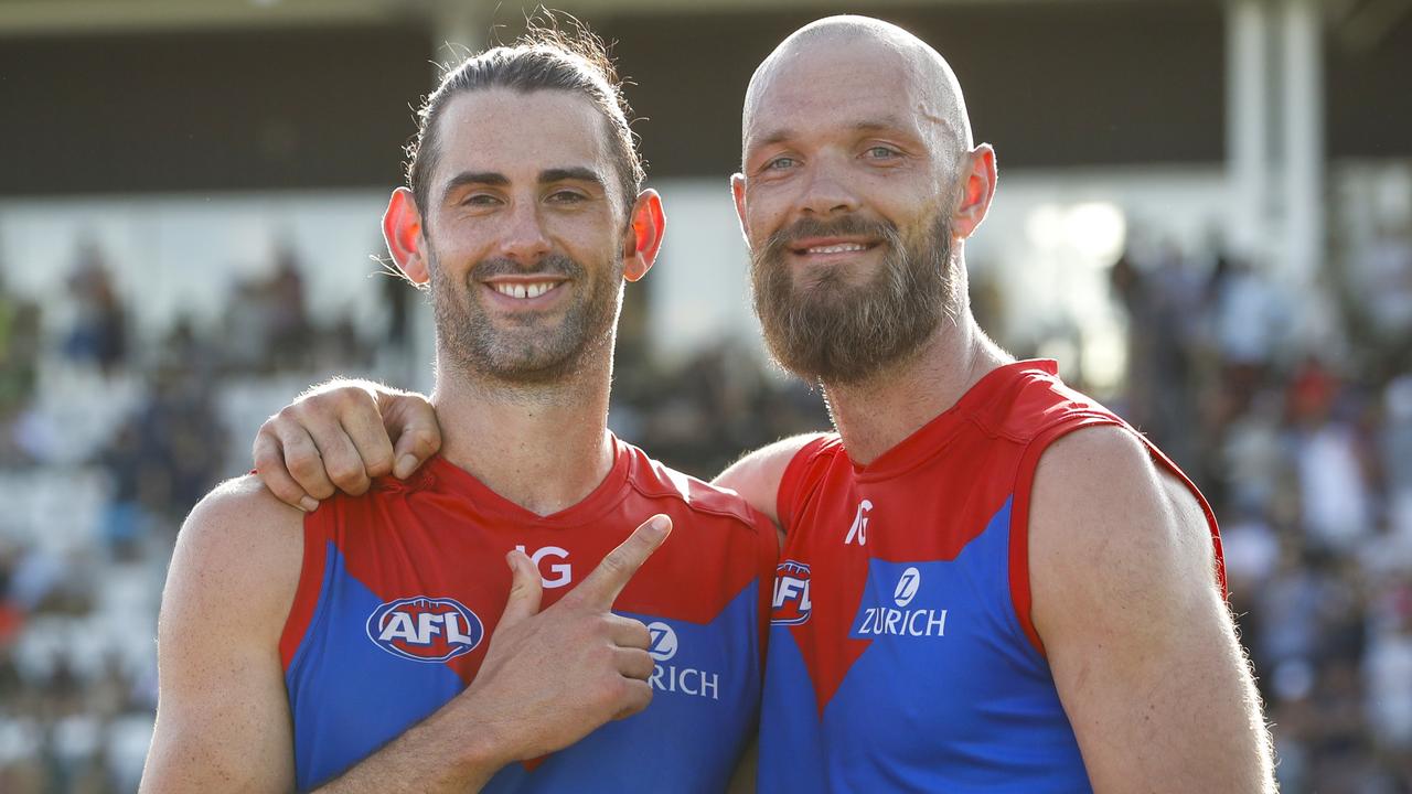 MELBOURNE, AUSTRALIA - FEBRUARY 24: Brodie Grundy and Max Gawn of the Demons pose for a photo during the 2023 AFL match simulation between the St Kilda Saints and the Melbourne Demons at RSEA Park on February 24, 2023 in Melbourne, Australia. (Photo by Dylan Burns/AFL Photos via Getty Images)