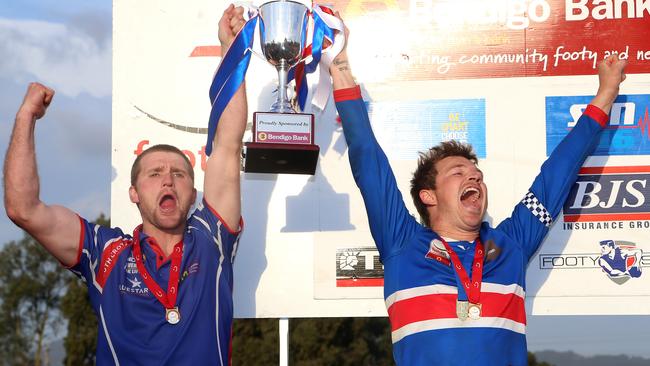 South Croydon coach Leigh Adams and captain Daniel King celebrate winning the EFL division 1 grand final in September, at Bayswater Oval. Knox councillors have hit out at the Eastern Football League over licensing fees for the municipality’s grounds. Picture: Hamish Blair