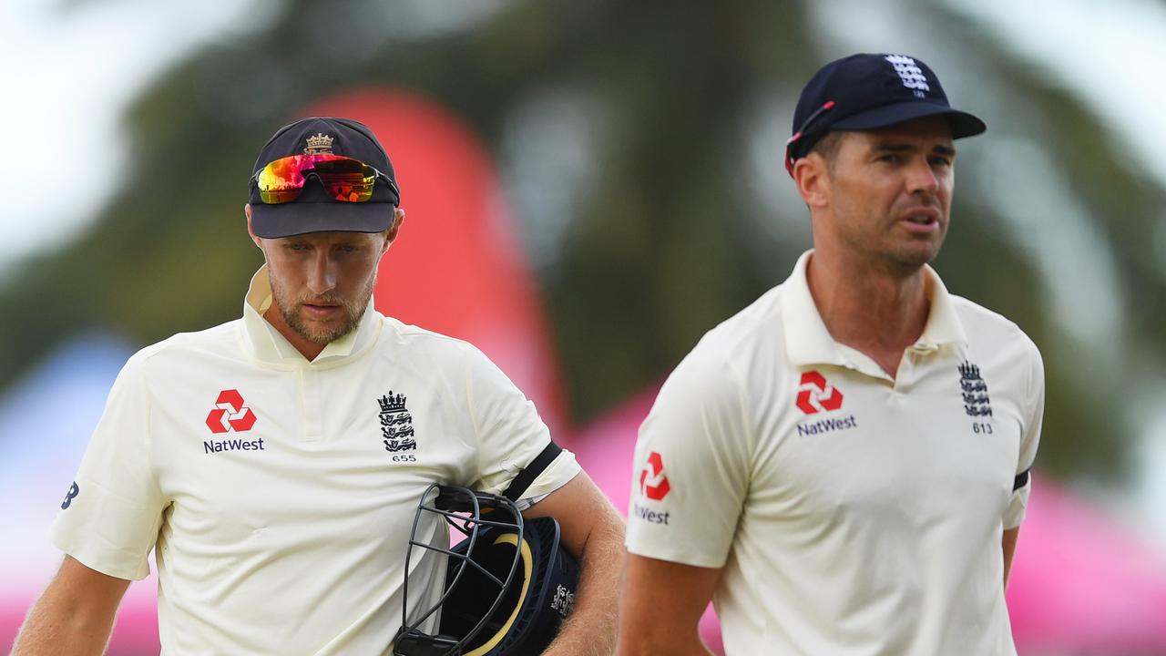 ANTIGUA, ANTIGUA AND BARBUDA - FEBRUARY 02: (L-R) Joe Root and James Anderson of England look dejected in defeat on Day Three of the 2nd Test match between West Indies and England at Sir Vivian Richards Stadium on February 02, 2019 in St John's, Antigua and Barbuda. The West Indies win the test by 10 wickets. (Photo by Shaun Botterill/Getty Images,)