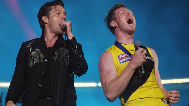 The Killers lead singer Brandon Flowers and Jack Riewoldt. Picture: Alex Coppel