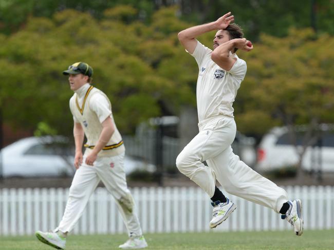 Premier Cricket: Camberwell Magpies v Casey South Melbourne at Camberwell sports ground. Camberwell Magpies bowler Will Walker. Picture: AAP/ Chris Eastman