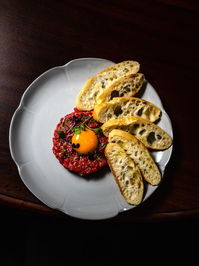 Hampden Bar &amp; Bistro's classic European inspired dish of Cape Grim beef tartare with cured egg yolk. Picture: Sammy Jones Photography