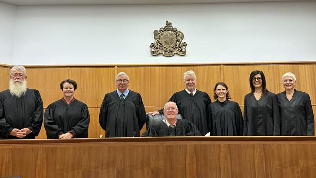 Magistrate Linden's bench farewell after serving the Northern Rivers for over 30 years (from left): Magistrate Roger Prowse, Magistrate Annette Sinclair, Judge and Chief Magistrate Peter Johnstone, Magistrate Jeff Linden, Magistrate Michael Dakin, Magistrate Kathy Crittenden, Magistrate and Coroner Karen Stafford and Magistrate Jacqueline Trad. Absent, but at the farewell, were Judge Jennifer English and State Coroner Magistrate Teresa O'Sullivan.