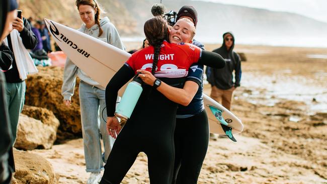 Tyler Wright congratulates conqueror Ellie Harrison after her win at Bells Beach. Picture: Ed Sloane/World Surf League