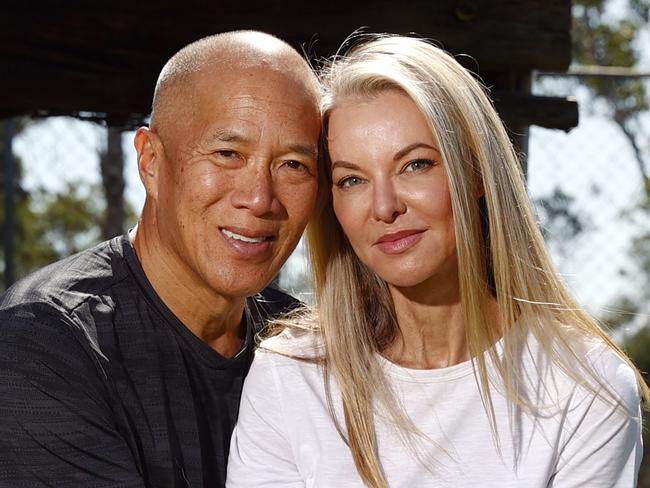 SUNDAY TELEGRAPH 31ST MARCH 2023 Pictured at Zambi Wildlife Retreat in western Sydney is Neurosurgeon Charlie Teo and his fiancÅ½ Traci Griffiths.Picture: Richard Dobson