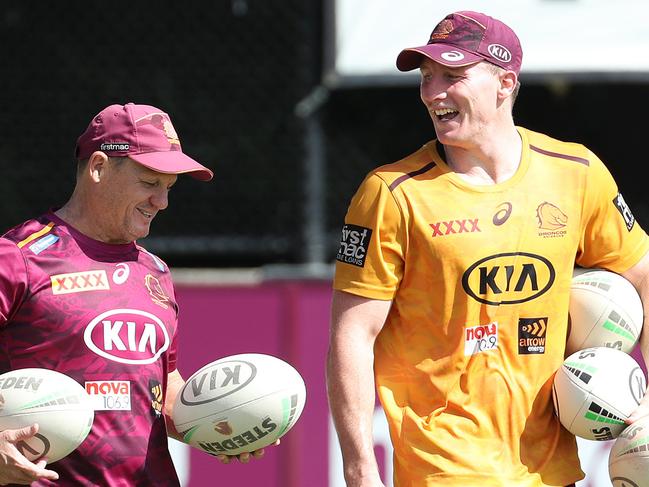 Coach Kevin Walters with Tyson Gamble, Brisbane Broncos training, Red Hill. Photographer: Liam Kidston