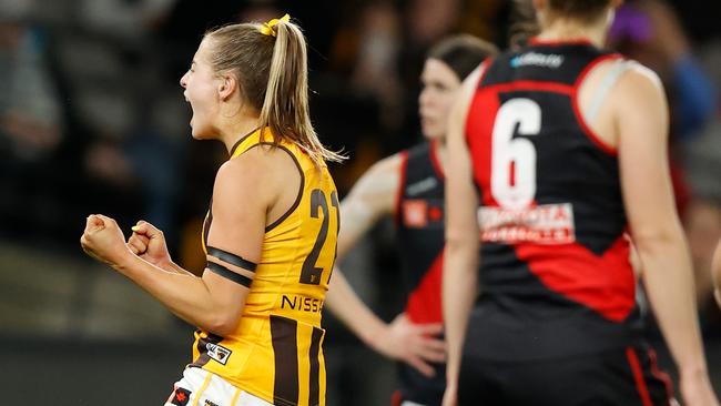 A fired up Sophie Locke celebrates the Hawthorn’s first ever goal in AFLW. Picture: Michael Willson/AFL Photos via Getty Images