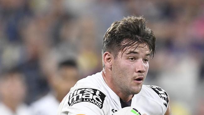 TOWNSVILLE, AUSTRALIA - MAY 08: Patrick Carrigan of the Broncos runs the ball during the round nine NRL match between the North Queensland Cowboys and the Brisbane Broncos at QCB Stadium, on May 08, 2021, in Townsville, Australia. (Photo by Ian Hitchcock/Getty Images)