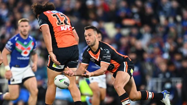 Tigers coach Brett Kimmorley has wielded the axe but once again spared Luke Brooks. Picture: Getty Images.