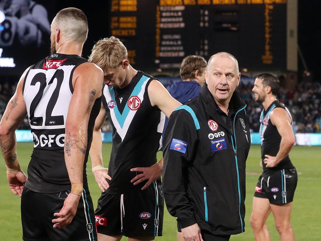 Ken Hinkley is not keen to speak about his future with his side barely clinging to finals hopes. Picture: Sarah Reed/AFL Photos via Getty Images