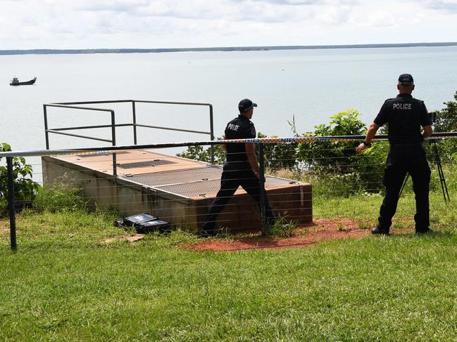 NT Police at the Darwin Esplanade where a man fell from a cliff and died last week. A second incident occurred overnight where the victim suffered leg injuries. Picture Katrina Bridgeford