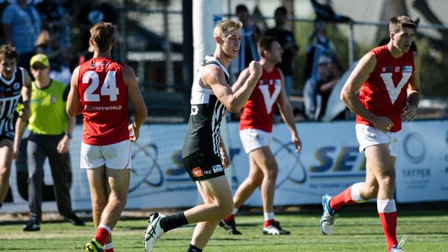 Port Adelaide’s Todd Marshall celebrates one of his four goals against North Adelaide in the SANFL on Sunday. Picture: MORGAN SETTE (AAP).