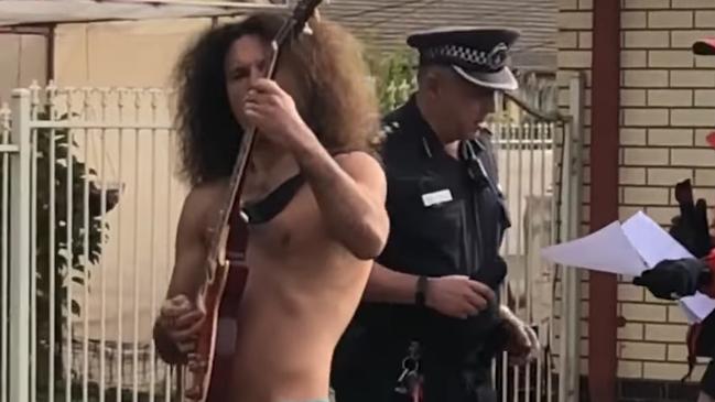 Savas "Subb" Caruso was arrested in late June of 2021 after numerous noise complaints led to him being issued with an environment protection order which he allegedly failed to comply with., He performs every Sunday afternoon in the driveway of his Salisbury Downs home in nothing but his underwear. Picture: Facebook via NCA NewsWire