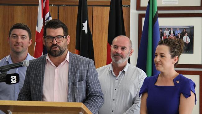 Braitling MLA Josh Burgoyne, Alice Springs Town Council Mayor Matt Paterson, Namatjira MLA Bill Yan, and Chief Minister Lia Finocchiaro announcing an extra $1.8 million to the Newland park upgrade. Picture: Gera Kazakov