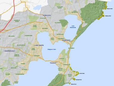 The northern half of the coast showing in yellow the areas declared dangerous. Map: supplied