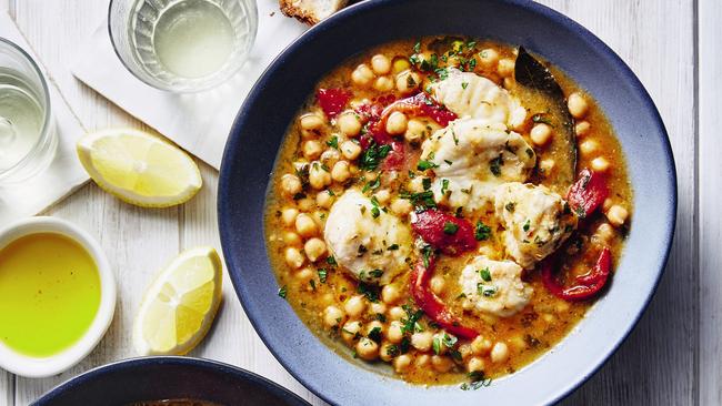 Delish: fish braised with chickpeas. Picture: Rob Palmer