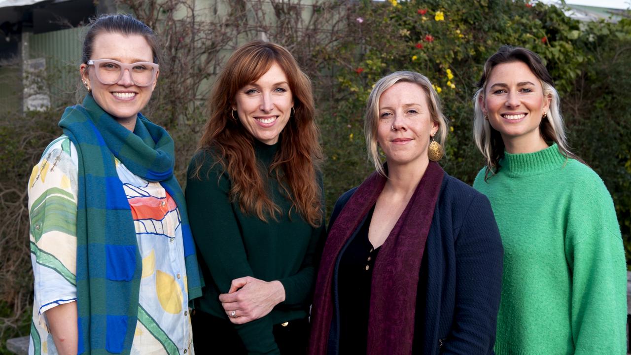 The Greens' 2024 Surf Coast Shire council candidates Kate Gazzard, Aleisja Henry and Phoebe Crockett, with former Geelong councillor, now Victorian upper house member Sarah Mansfield (second from left). Picture: Jo Bangles.