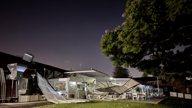 100 people have been lucky to escape after a roof was blown off the Officers Mess at New Farm. Picture: Mikaela Mulveney