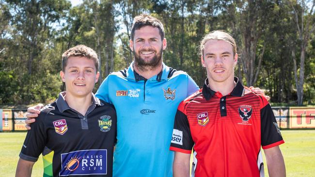 Rowan Mansfield of Ballina, Titans winger Anthony Don and Ryan Foran of Murwillumbah. Picture: Gold Coast Titans