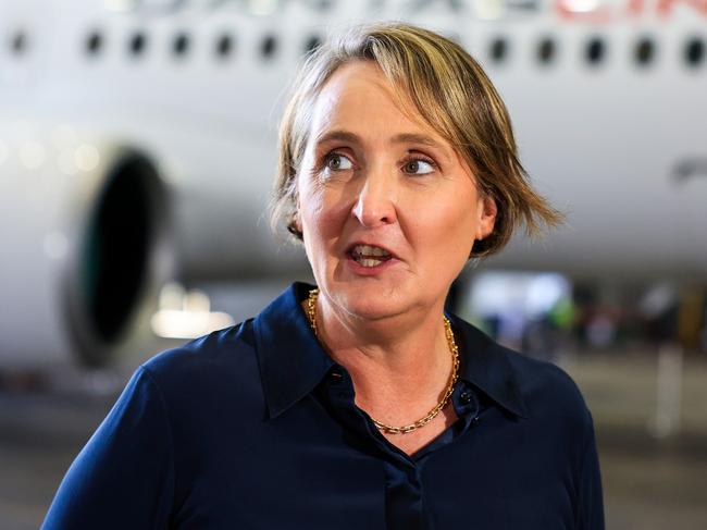 Qantas chief executive Vanessa Hudson will be forced to review Qantas’ use of Aboriginal placenames after ending up in Gaddesby, England, instead of Gadigal, NSW. Picture: Jenny Evans/Getty Images